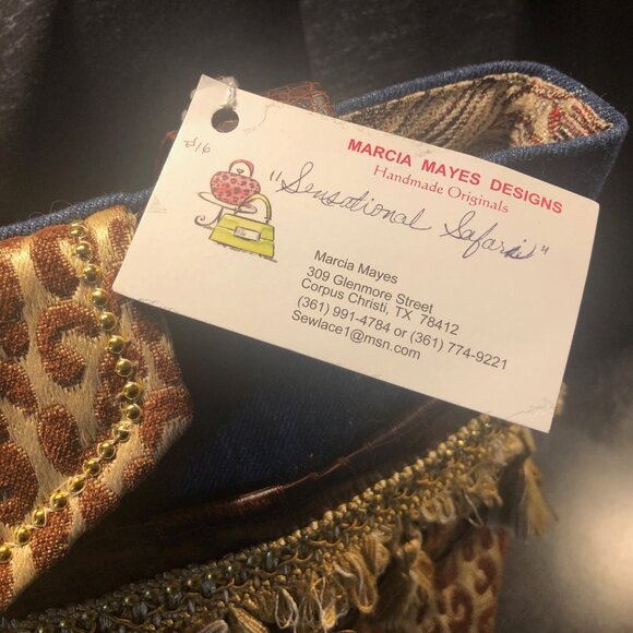 NWT Denim and Animal Print handmade bag by Marcia has a gold colored cat pendant - Picture 3 of 6